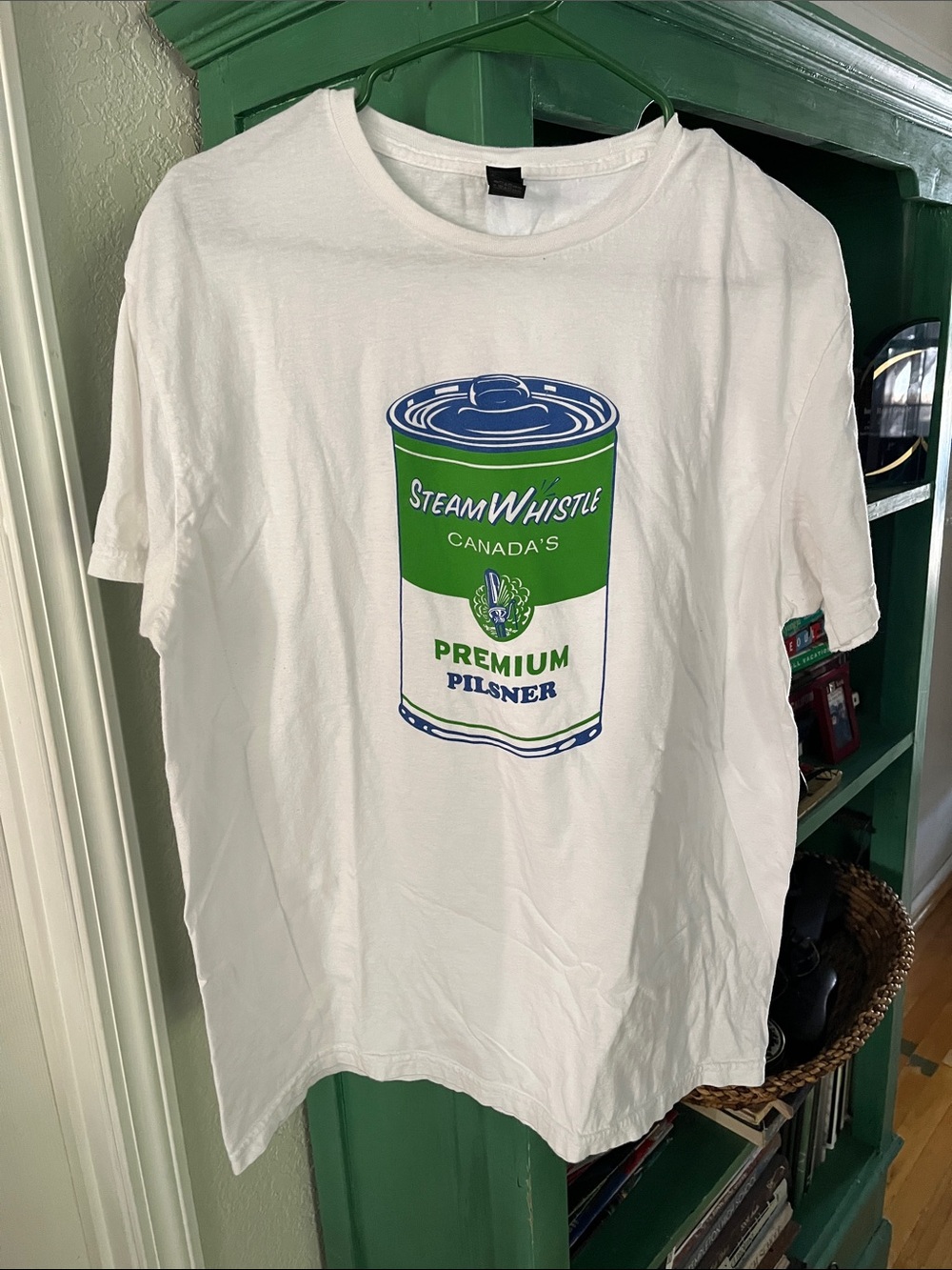 Gildan White Tee with Blue and Green Print